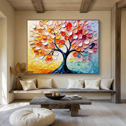 “Colorful Autumn Tree with Textured Leaves” - Yellow, Orange, Red, Pink, Colorful Leaf Textures - Palette Knife Acrylic Painting HB1637