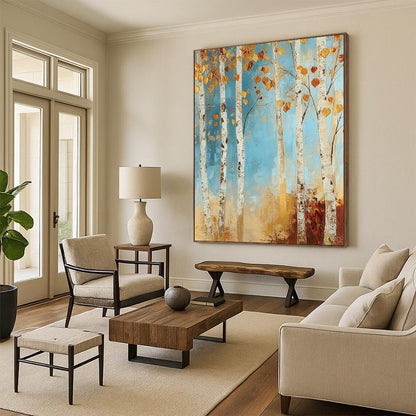 Contemporary abstract painting featuring a tranquil birch forest with autumn hues in soft blues and golds, adding warmth to your space. DLZ1456