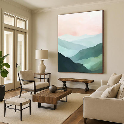 Contemporary abstract painting features green mountains and a soft pink sky creating a tranquil landscape with a harmonious color palette of mint green and pale blue. DLZ0394