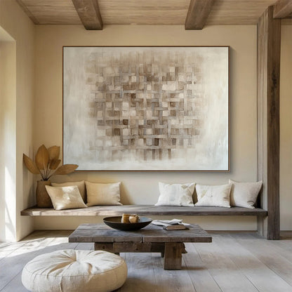 Beige Woven Grid Pattern - “Textured Tapestry” Painting On Canvas HB1446