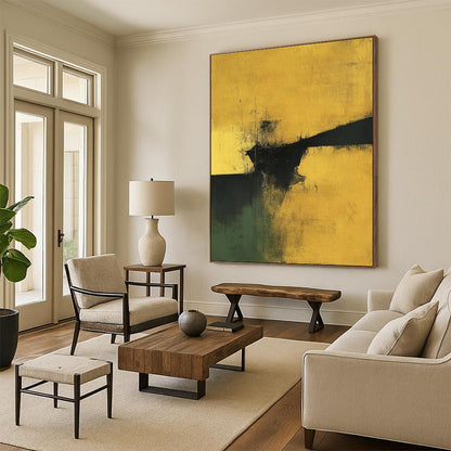 Contemporary abstract art showcasing earthy yellows and greens with touches of black and gold in a minimalist design. DLZ0915