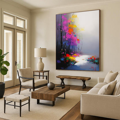 Contemporary hand-painted abstract artwork featuring vibrant flowers and trees in morning mist with smooth brushwork and atmospheric perspective. DLZ1413