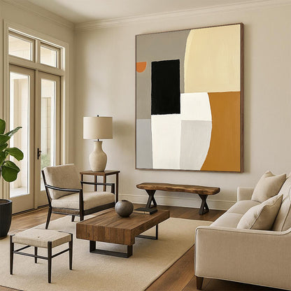 Contemporary hand-painted abstract artwork featuring white and gray shapes, a black square, an orange element, and a simple form in the top left corner. DLZ0932