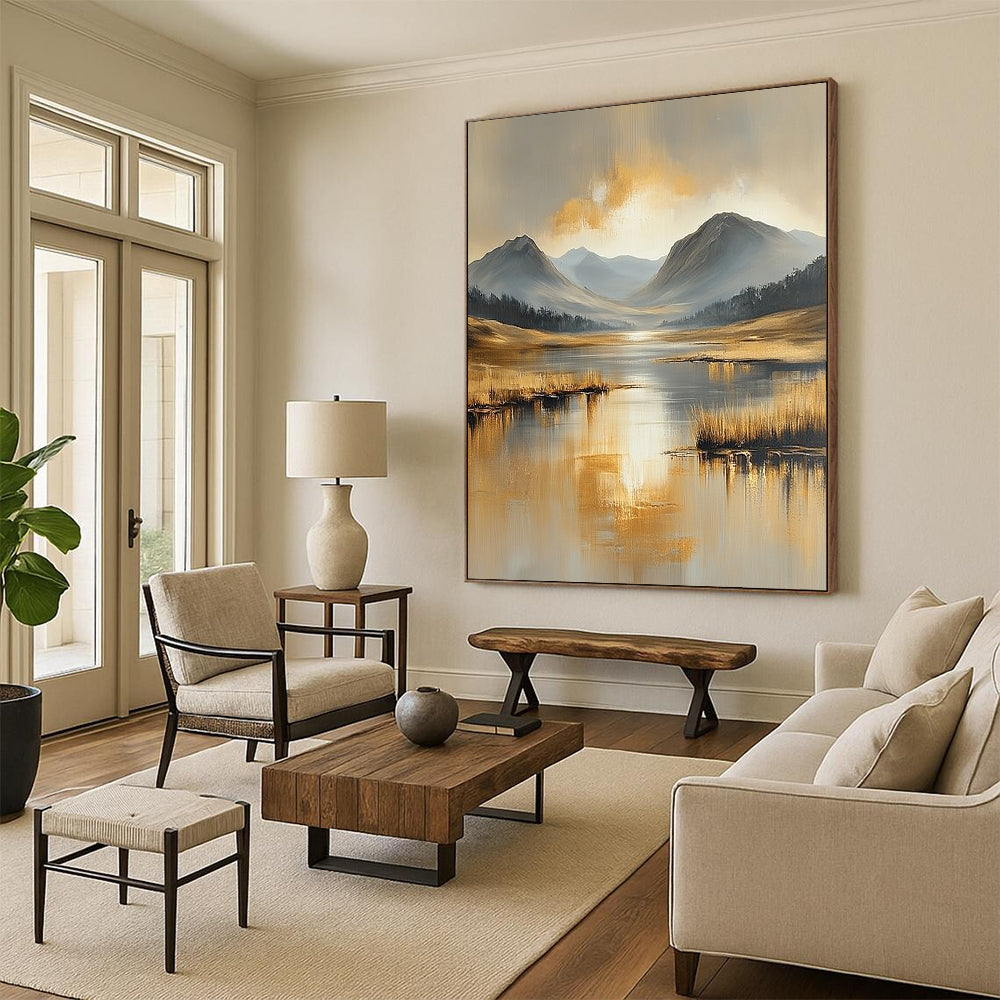 Contemporary abstract landscape painting featuring serene beige and gold tones, water reflections, distant mountains, and tranquil skies in heavy oil brush strokes. DLZ0410