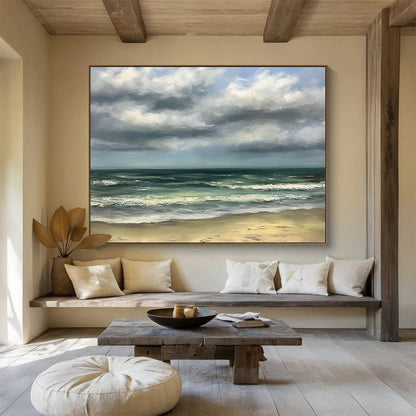 Green, Blue, Gray and Beige Cloudy Seaside "Calm Coast" Painting On Canvas HB0671
