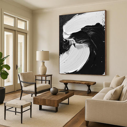 Contemporary hand-painted abstract artwork features flowing black and white oil paint, evoking powerful sea waves and mythical creatures. DLZ1549