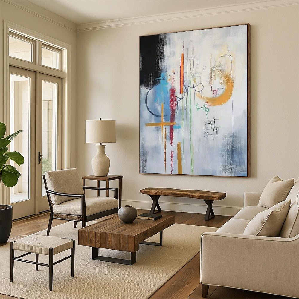 Large contemporary hand-painted abstract artwork featuring vibrant colors and dynamic shapes creating a captivating visual experience. Ideal for modern spaces. DLZ1759