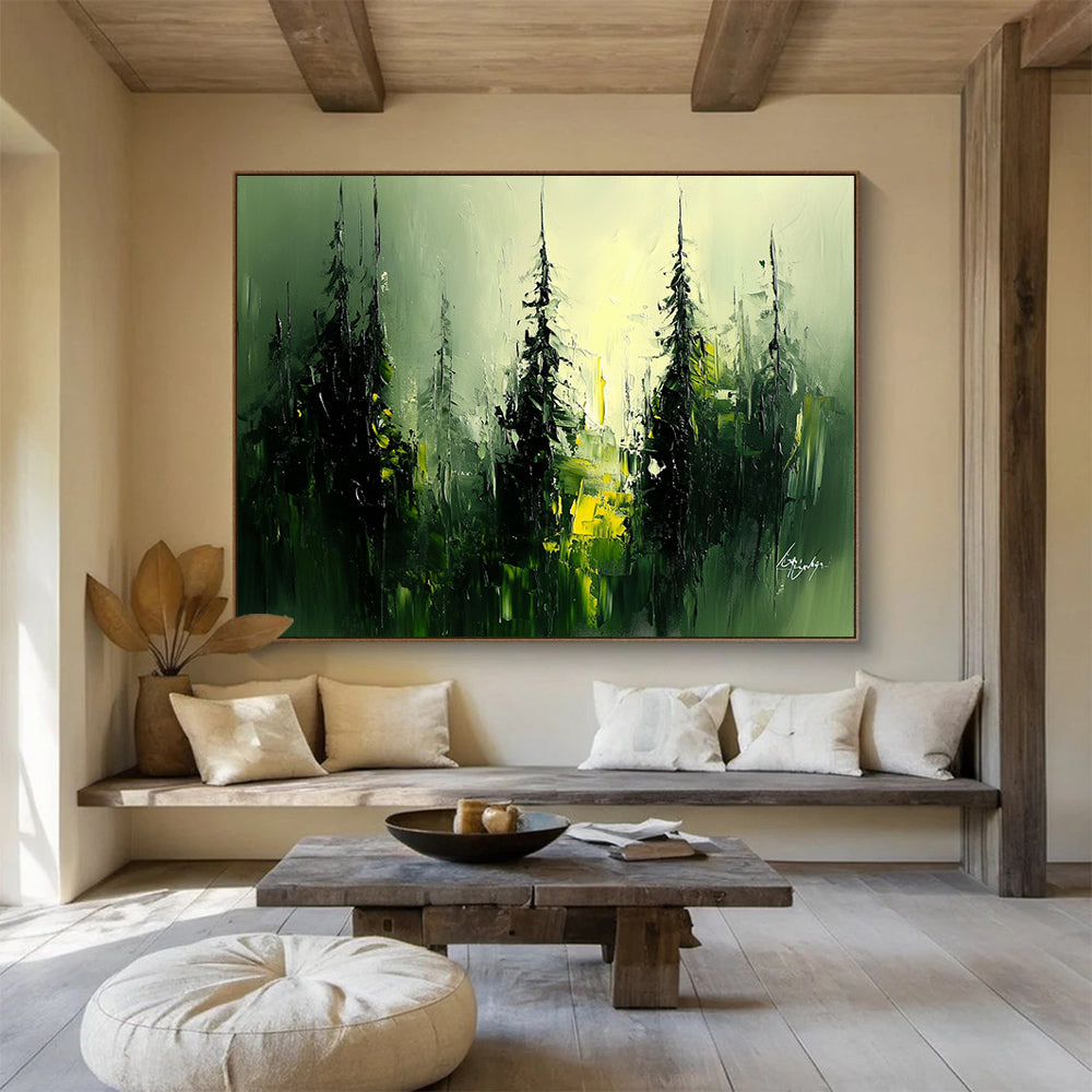 “Mystic Forest Glow” - Green, Yellow, Black, Abstract Trees - Oil Painting HB1485