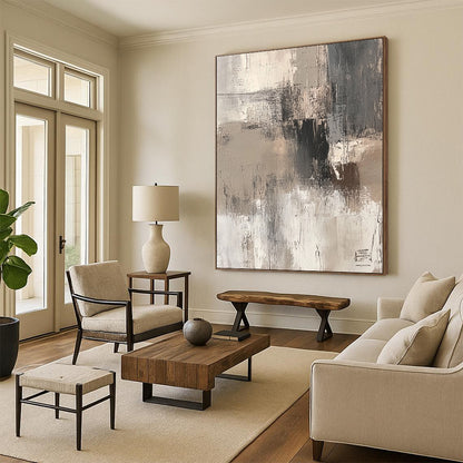 Contemporary hand-painted abstract art features beige and white brushstrokes on a textured gray background for a dreamy rustic charm. DLZ1133
