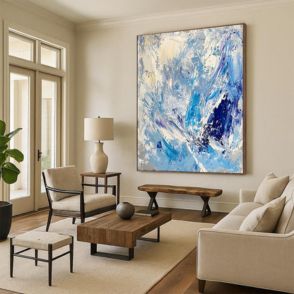 Contemporary large abstract artwork featuring thick impasto strokes in light blue, white, and silver, evoking the essence of ice and snow. DLZ0624