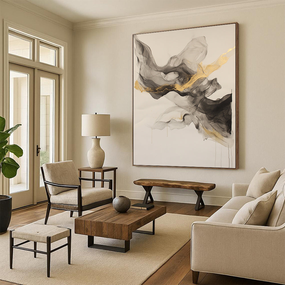Beige, Gray, Gold, Flowing Shapes "Graceful Drift" Abstract Painting On Canvas HB026