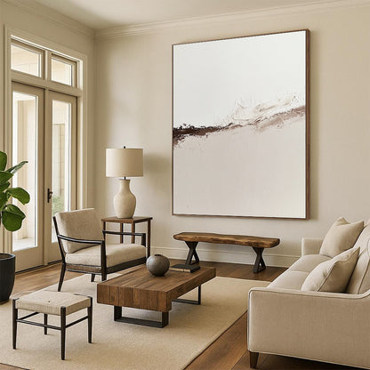 Contemporary abstract oil painting showcasing the tranquil boundary of water and desert sand in muted neutral tones with rich brown accents. DLZ1312