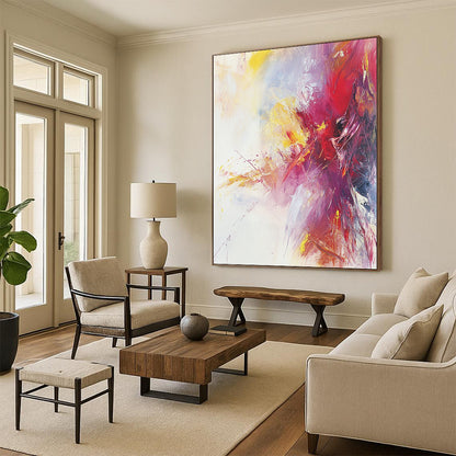 Large contemporary hand-painted abstract artwork featuring warm colors and soft brushstrokes on a serene white background with subtle splashes of bright color. DLZ1068
