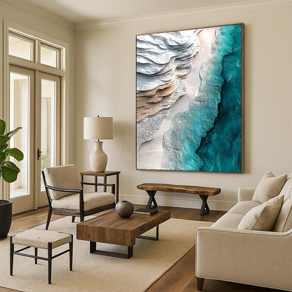 Contemporary hand-painted abstract art capturing serene white sand and turquoise water in a hyper-realistic aerial view. Ideal for modern decor. DLZ0280