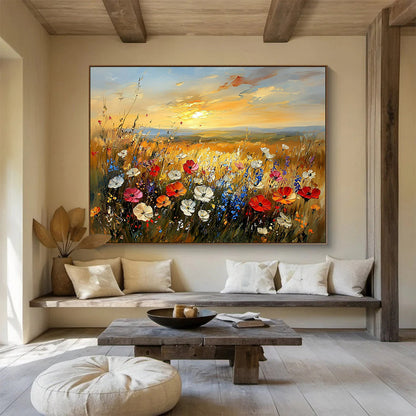 “Wildflower Meadow at Sunset” - Vivid Pinks, Purples, Yellows, Colorful Wildflower Field - Impressionist Oil Painting HB1687
