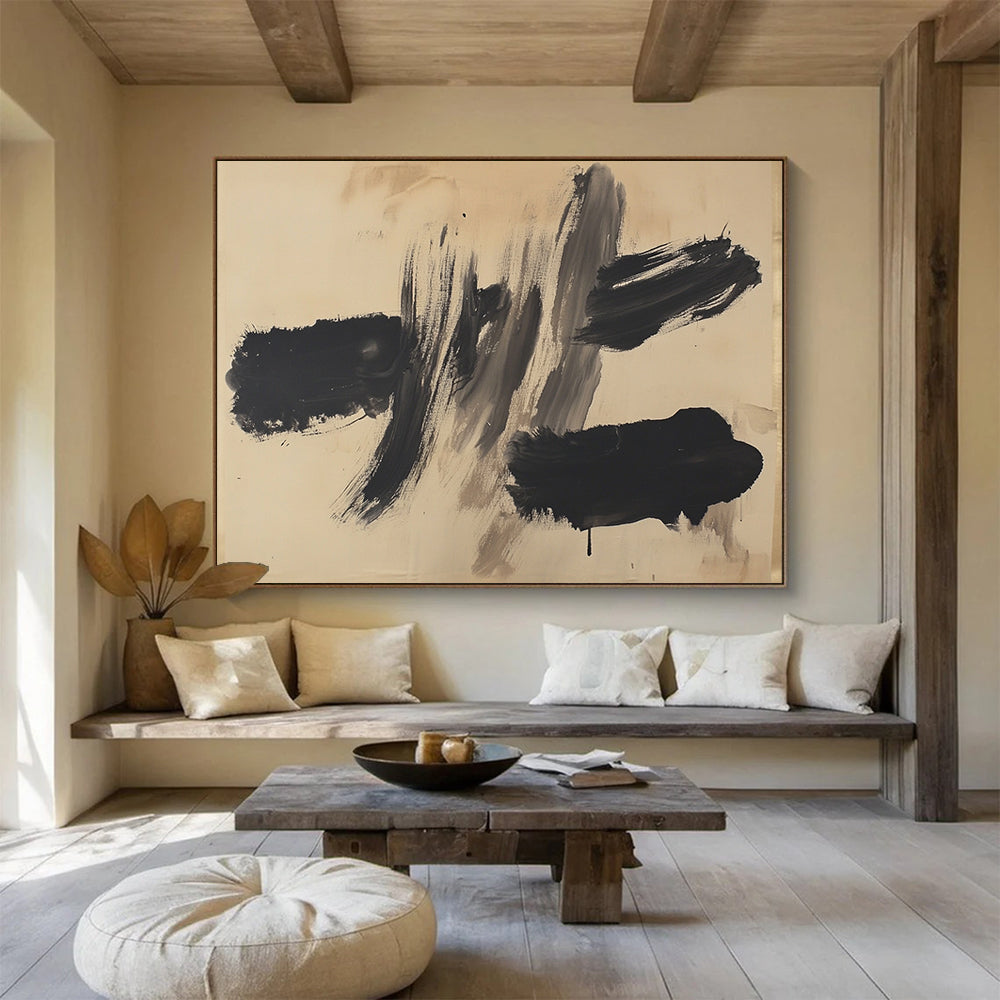“Subtle Black - Beige Marks” - Black, Gray, Beige, Minimalist Brushstrokes - Ink Painting HB1629