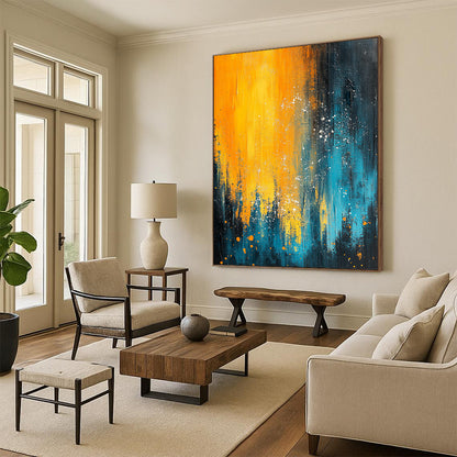 Contemporary abstract painting featuring blue and yellow hues with organic white splashes evokes nature's essence through fluid movement and depth. DLZ0353