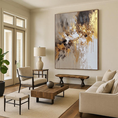 Contemporary hand-painted abstract art featuring beige and white hues with golden accents, perfect for modern aesthetic spaces. DLZ0729