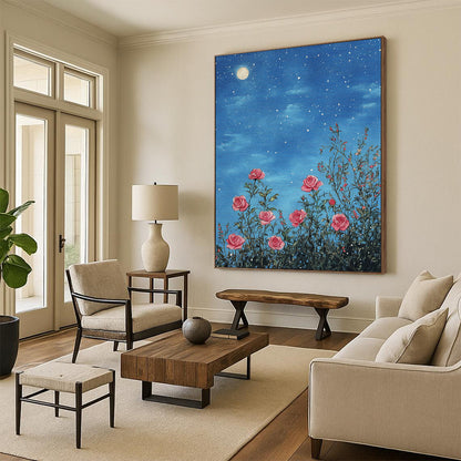Contemporary abstract art featuring pink roses under starry skies detailed in soft pastels with a vintage touch and intricate lace design. DLZ1254