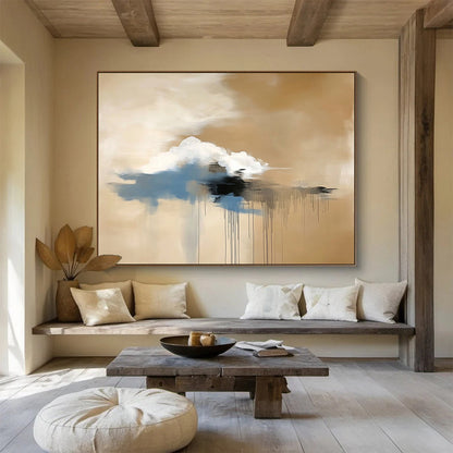 “Floating Cloud Dreamscape” - Beige, White, Blue, Black, Abstract Cloud - like Forms with Drips Painting On Canvas HB1082