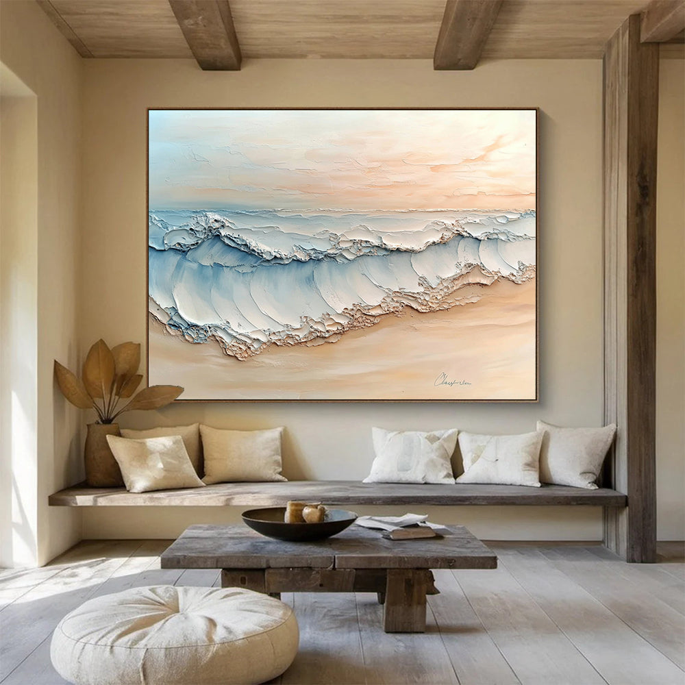 “Pastel Beach Wave Art” - Beige, Blue, White, Textured Beach Wave Painting On Canvas HB0974