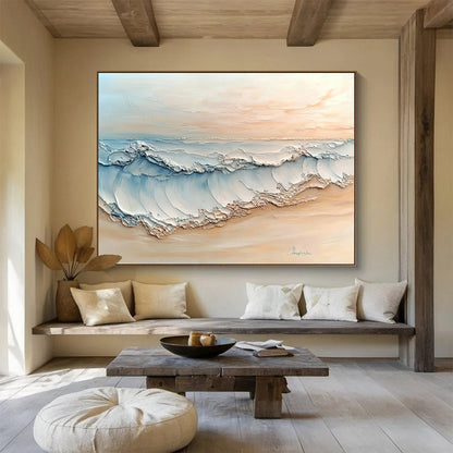 “Pastel Beach Wave Art” - Beige, Blue, White, Textured Beach Wave Painting On Canvas HB0974
