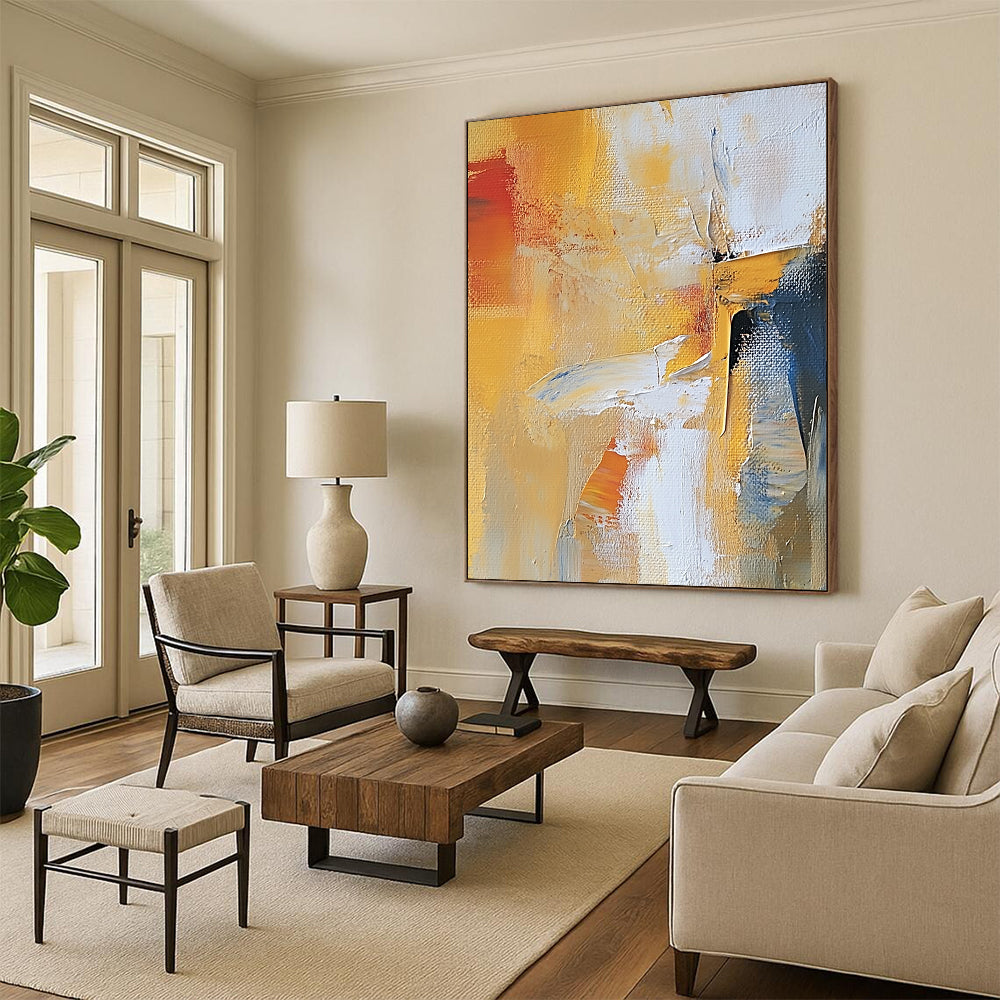 Contemporary abstract artwork featuring warm colors expressive brushstrokes and dynamic textures created with palette knife techniques. DLZ0899