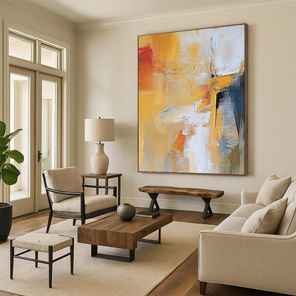 Contemporary abstract artwork featuring warm colors expressive brushstrokes and dynamic textures created with palette knife techniques. DLZ0899