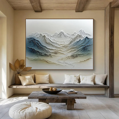 “Textured Mountain Range Relief” - Gray, Blue, Beige, Textured Landscape Painting On Canvas HB0774