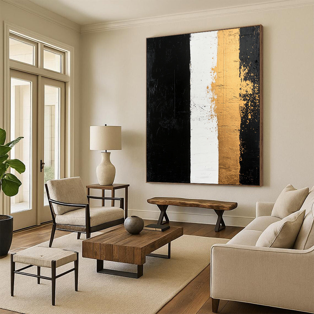 Black, White, Gold, Vertical Stripes "Timeless Contrast" Abstract Painting On Canvas HB038