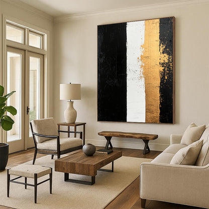 Black, White, Gold, Vertical Stripes "Timeless Contrast" Abstract Painting On Canvas HB038