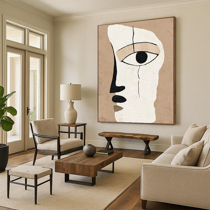 Contemporary abstract artwork featuring a minimalistic face design with an eye in warm beige and white tones, inspired by Henri Matisse. DLZ1311