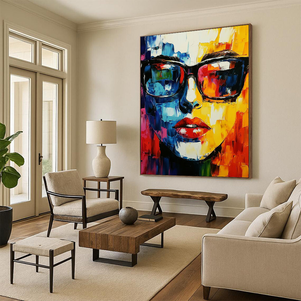 Contemporary abstract artwork featuring a vibrant face with glasses created using a palette knife technique, perfect for modern decor. DLZ0594