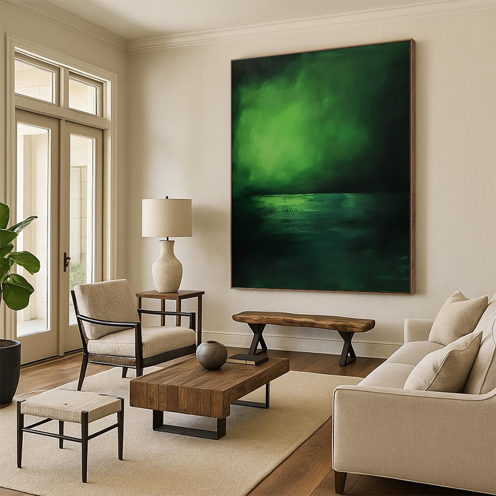 Contemporary hand-painted abstract artwork capturing serene deep greens and blues of the sea, evoking tranquility and minimalist beauty. DLZ1243