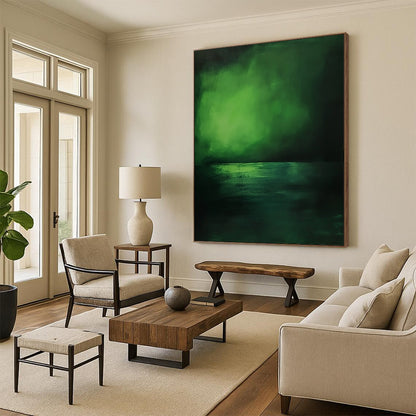 Contemporary hand-painted abstract artwork capturing serene deep greens and blues of the sea, evoking tranquility and minimalist beauty. DLZ1243