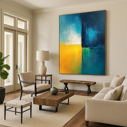 Contemporary abstract painting featuring calming blue green white and yellow hues with a light teal background and minimalist dark blue contrast bar. DLZ0355