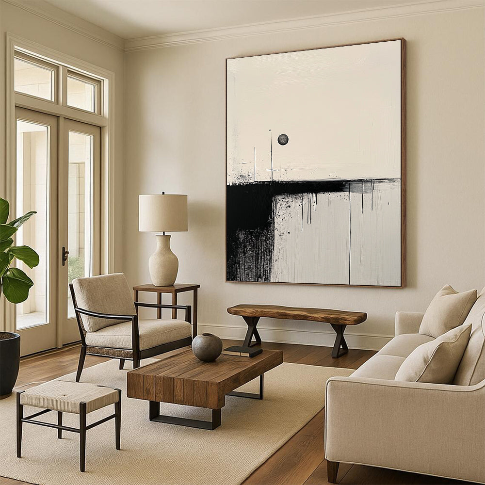 Contemporary hand-painted abstract art featuring minimalist black brushstrokes on a textured white canvas with a contrasting circle for balance. DLZ0766