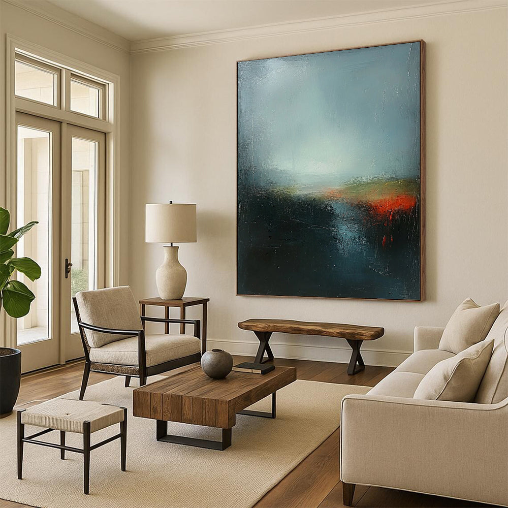 Contemporary abstract artwork featuring deep sky blue and green with red highlights, layered under a dark gray misty sky, inspired by Turner's atmospheric style. DLZ0400