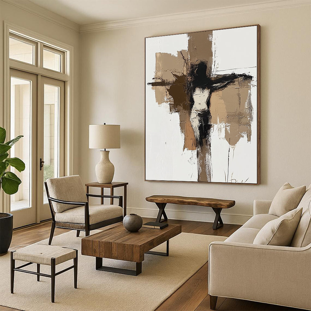 Contemporary abstract painting featuring earthy tones with a minimalist depiction of Jesus on the cross on a white background. DLZ0872