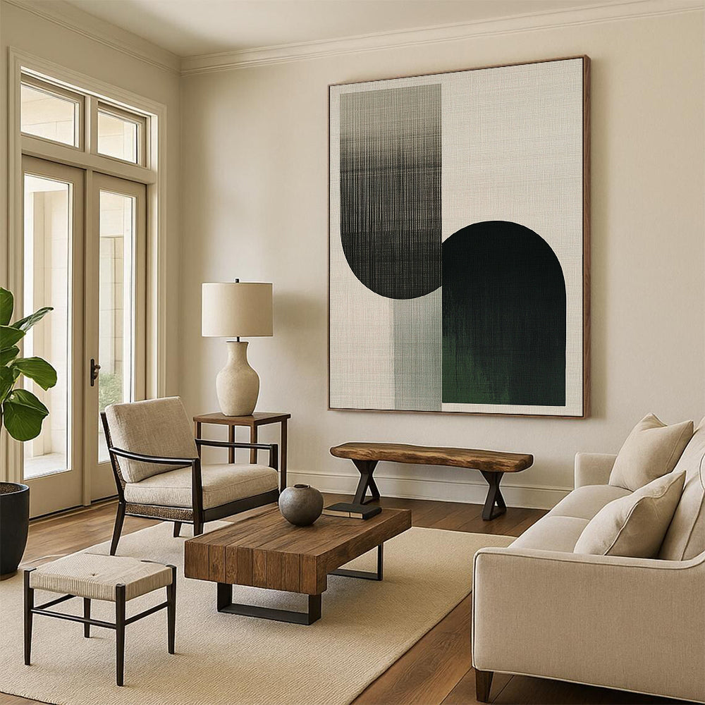 Contemporary abstract artwork featuring overlapping shapes in the form of an F, with neutral tones and green accents, showcasing visible brush strokes. DLZ1622