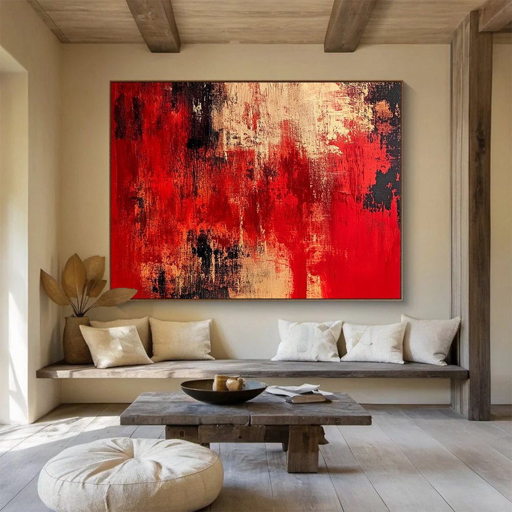 “Red Black Textured Blend” - Red, Black, Beige - Textured Abstract Layers - Acrylic Painting HB1301