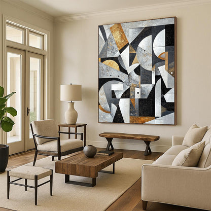 Gray, Black, White, Gold and Brown Geometric Abstraction "Vintage Geometry" Painting On Canvas HB395