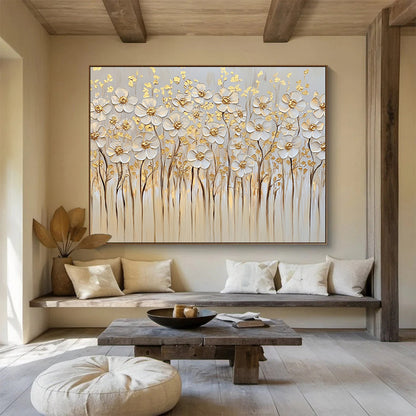 “Gold - Accented White Flowers” - White, Gold, Beige, Textured White Flowers with Gold Details - Impasto Oil Painting HB1781