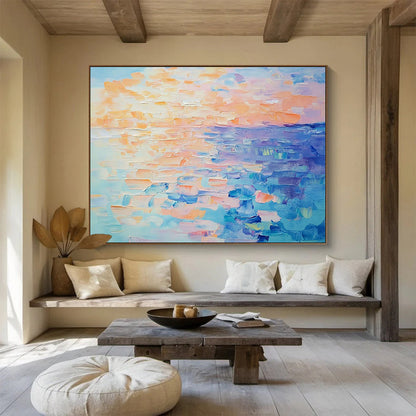 “Pastel Sunset Sea” - Peach, Orange, Blue, Purple, Soft Seaside Dusk Painting On Canvas HB1035