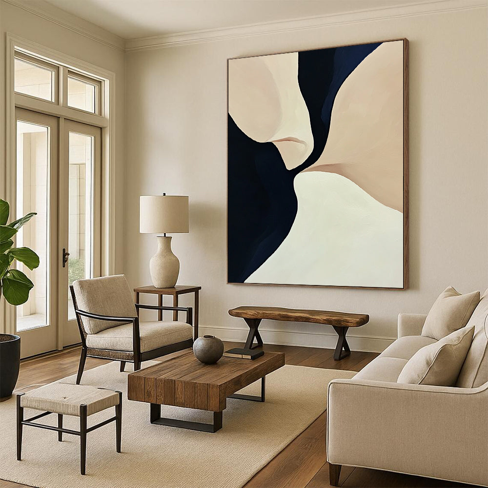 Contemporary hand-painted abstract art featuring smooth curves and flowing lines in light beige and navy blue tones with dark accents. DLZ0972