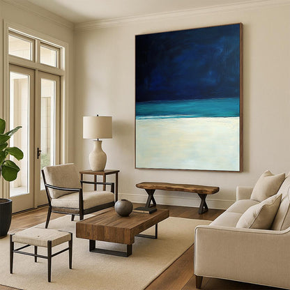 Contemporary hand-painted abstract art featuring a serene white sand beach under a dark blue sky, inspired by the style of Mark Rothko. DLZ0405
