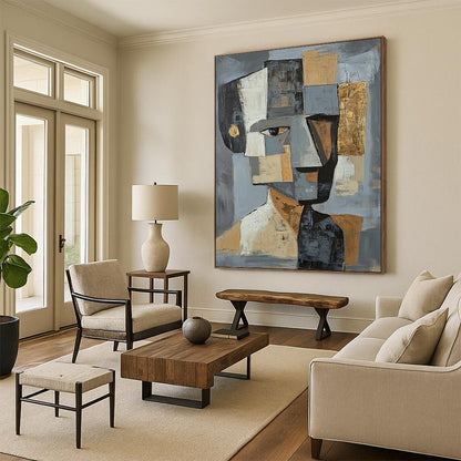 Gray, Black, White, Gold and Brown Cubist Portrait "Abstract Identity" Painting On Canvas HB356