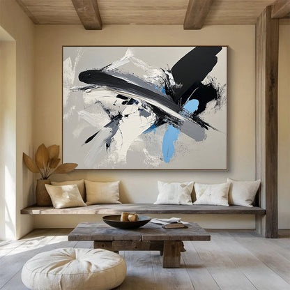 “Dynamic Black - Gray - Blue Brushstrokes” - Black, Gray, Blue, White, Energetic Strokes Painting On Canvas HB0811