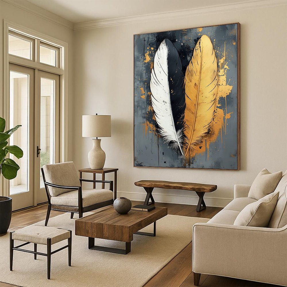 Contemporary abstract art featuring two feathers one white one black with gold accents on a textured grey canvas perfect for modern decor. DLZ1716