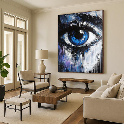 Contemporary abstract painting featuring a blue and white eye with black hints against a dark gray and light purple background, evoking emotional and magical themes. DLZ0952